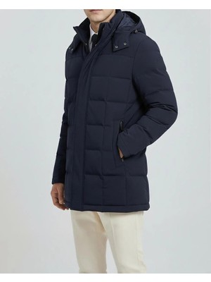 Italyan Stil Slim Fit Erkek Kapüşonlu Şişme Mont Lacivert T14985