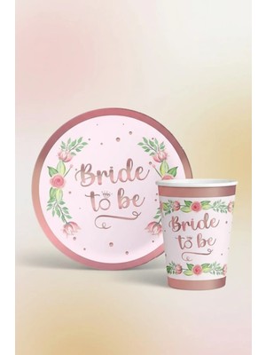 Umamiçe Bride To Be Rose Gold Çiçekli Karton Tabak + Bardak Seti 8’li