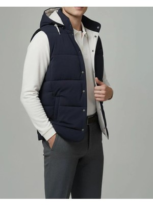 Italyan Stil Slim Fit Kapüşonlu Kapitone Erkek Şişme Yelek Lacivert T14725