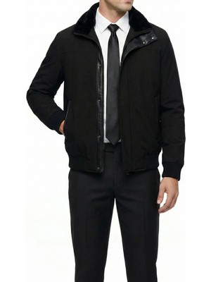 Italyan Stil Slim Fit Fermuarlı Kürk Yaka Deri Şeritli Erkek Mont Siyah T14696
