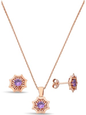 Argentum Concept 925 Ayar Gümüş Mor Taşlı Rose Çiçek Set - 67019202