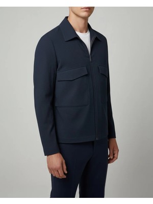 Italyan Stil Slim Fit Cep Detaylı Mevsimlik Gofre Kumaş Mont Petrol T11895