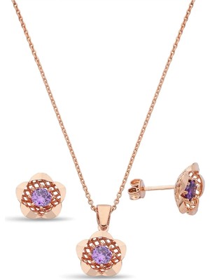 Argentum Concept 925 Ayar Gümüş Mor Taşlı Rose Çiçek Set - 67019402