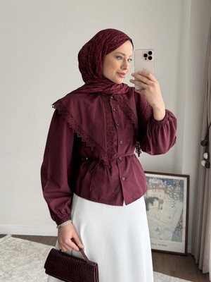 RFK Butik Kadın Etek Üstü Dantel Yakalı Poplin Gömlek - Bordo
