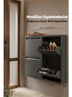 Ovrol 2+2 4'lü Modüler Metal Ayakkabılık Bağımsız Açılır Kapak (Antrasit)