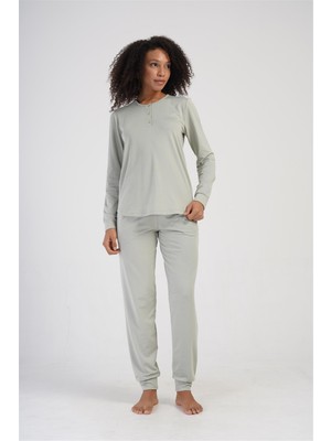 Obje Kadın Yeşil Paçası Manşetli Cepli Uzun Pijama Altı