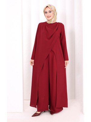 Bym Fashion Tek Omuz Gold Toka Detaylı Tunik Pantolon Takım 8698 Bordo