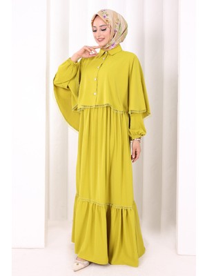 Bym Fashion Düğmeli Pelerinli Elbise 6080 Yağ Yeşili