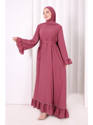 Bym Fashion Şallı Fırfırlı Elbise 6085 Gül Kurusu