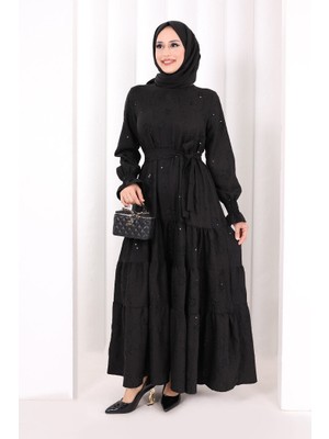 Bym Fashion Çiçekli Nakışlı Elbise 6091 Siyah