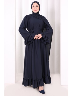 Bym Fashion Şallı Fırfırlı Elbise 6085 Lacivert