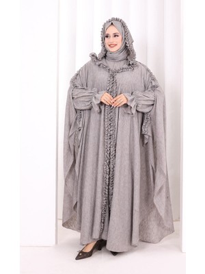 Bym Fashion Keten Pelerinli Elbise Abaya Takım 8021 Kahverengi