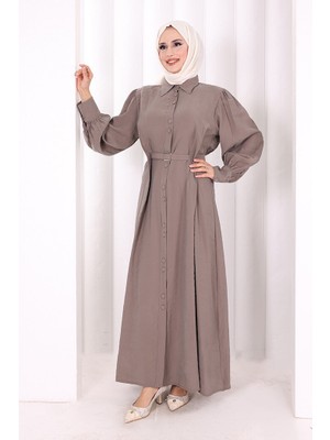 Bym Fashion Kemerli Kloş Elbise 7073 Vizon