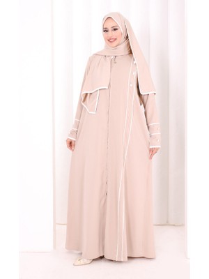 Bym Fashion Düğme ve Şerit Detay Fermuarlı Ferace 7072 Vizon