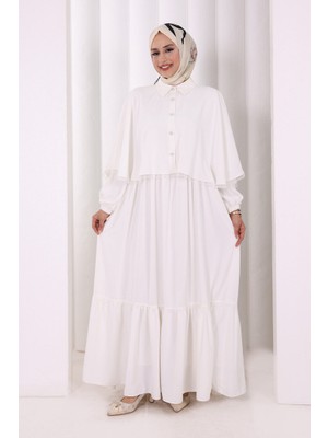 Bym Fashion Düğmeli Pelerinli Elbise 6080 Ekru