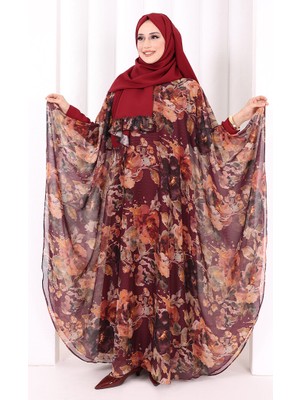 Bym Fashion Desenli Şallı Elbise 6076 Mürdüm