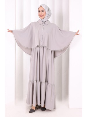 Bym Fashion Düğmeli Pelerinli Elbise 6080 Gri