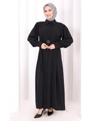 Bym Fashion Kemerli Kloş Elbise 7073 Siyah