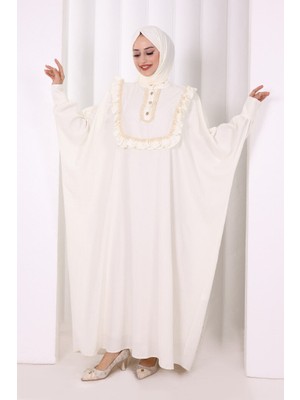Bym Fashion Şallı Fırfırlı Elbise 6088 Ekru