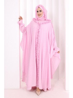Bym Fashion Keten Pelerinli Elbise Abaya Takım 8021 Pembe