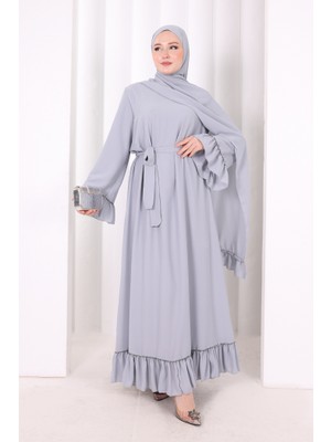 Bym Fashion Şallı Fırfırlı Elbise 6085 Gri