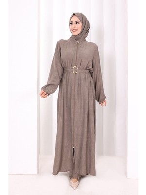Bym Fashion 8031 Çiçek Desenli Keten Üçlü Takım Duman