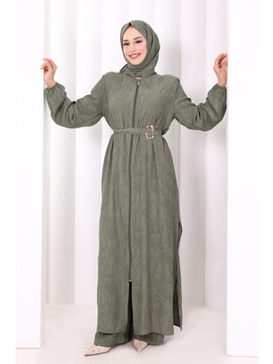 Bym Fashion 8031 Çiçek Desenli Keten Üçlü Takım Haki
