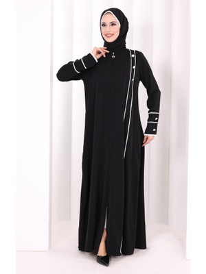 Bym Fashion Düğme ve Şerit Detay Fermuarlı Ferace 7072 Siyah