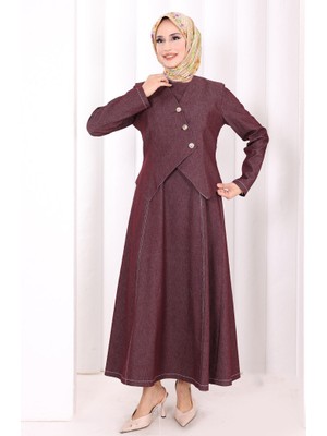 Bym Fashion Yelekli Denim Elbise 6081 Bordo