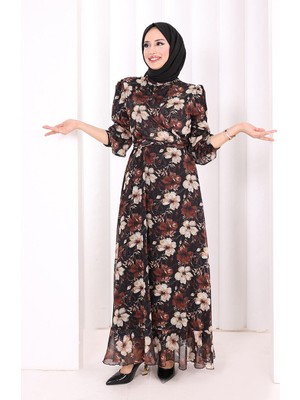 Bym Fashion Belden Bağlamalı Desenli Elbise 6075 Siyah