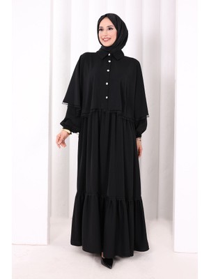 Bym Fashion Düğmeli Pelerinli Elbise 6080 Siyah