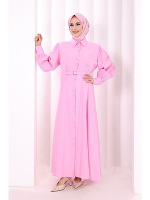 Bym Fashion Kemerli Kloş Elbise 7073 Pembe