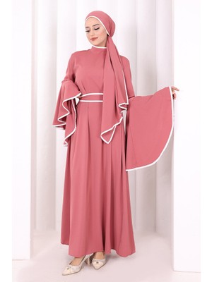 Bym Fashion Kol Fırfır Şerit Detaylı Şallı Elbise 6084 Gül Kurusu