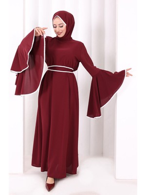 Bym Fashion Kol Fırfır Şerit Detaylı Şallı Elbise 6084 Mürdüm