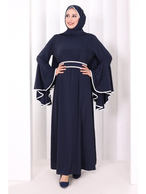 Bym Fashion Kol Fırfır Şerit Detaylı Şallı Elbise 6084 Lacivert