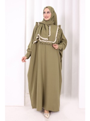 Bym Fashion Şallı Fırfırlı Elbise 6088 Haki