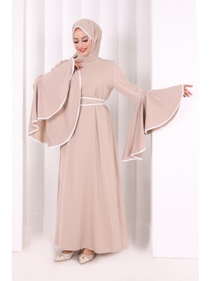 Bym Fashion Kol Fırfır Şerit Detaylı Şallı Elbise 6084 Vizon