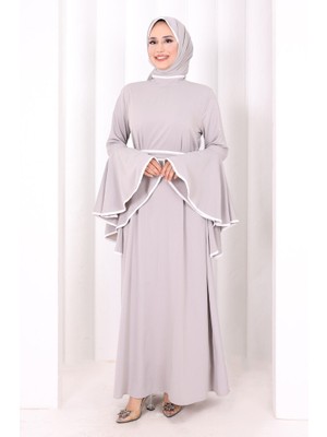Bym Fashion Kol Fırfır Şerit Detaylı Şallı Elbise 6084 Gri