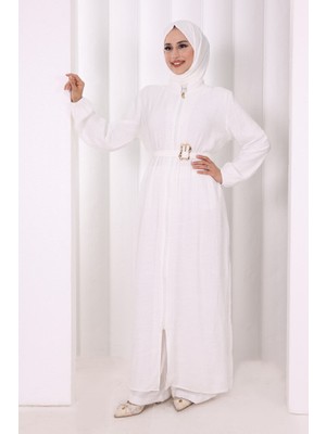 Bym Fashion 8031 Çiçek Desenli Keten Üçlü Takım Ekru
