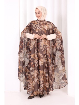 Bym Fashion Desenli Şallı Elbise 6076 Kahverengi