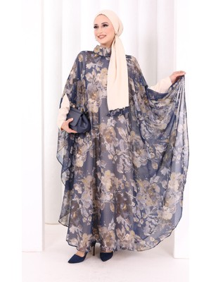 Bym Fashion Desenli Şallı Elbise 6076 Lacivert