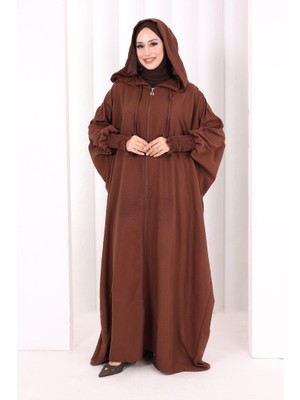 Bym Fashion Yarasakol, Kapşonlu Ferace 7076 Kahverengi
