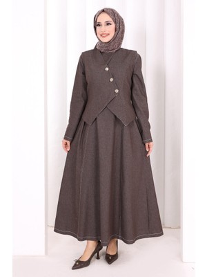 Bym Fashion Yelekli Denim Elbise 6081 Kahverengi