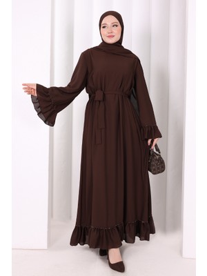 Bym Fashion Şallı Fırfırlı Elbise 6085 Kahverengi