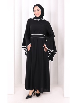 Bym Fashion Kol Fırfır Şerit Detaylı Şallı Elbise 6084 Siyah