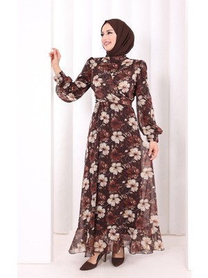 Bym Fashion Belden Bağlamalı Desenli Elbise 6075 Kahverengi