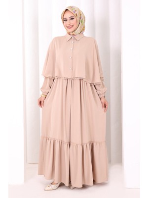 Bym Fashion Düğmeli Pelerinli Elbise 6080 Vizon