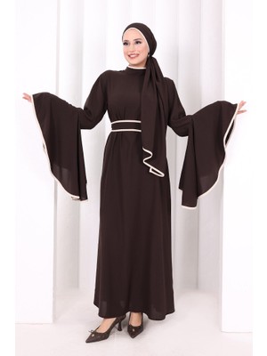 Bym Fashion Kol Fırfır Şerit Detaylı Şallı Elbise 6084 Kahverengi