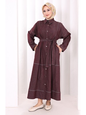 Bym Fashion Düğmeli Denim Elbise 7070 Bordo