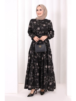 Bym Fashion Çiçekli Nakışlı Elbise 6091 Vizon